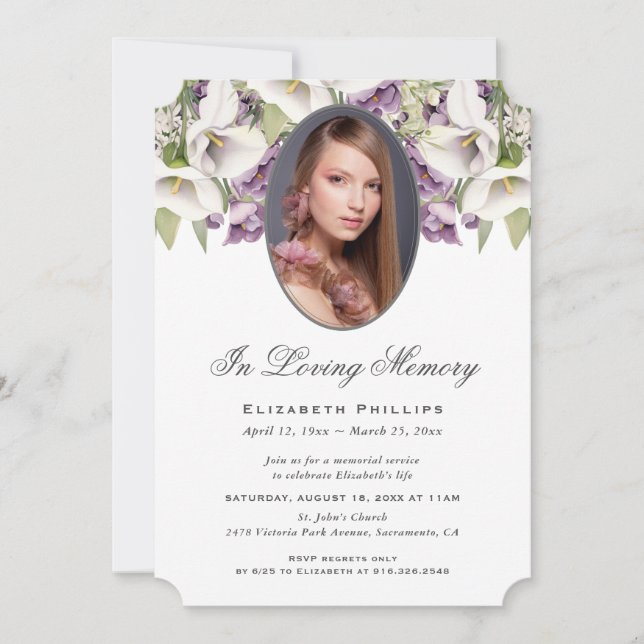 Photo Purple White Calla Lily In Loving Memory Invitation (Front)