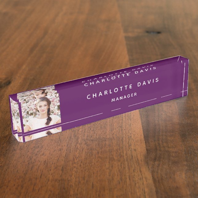 Photo purple white monogram minimalist nameplate (Side)