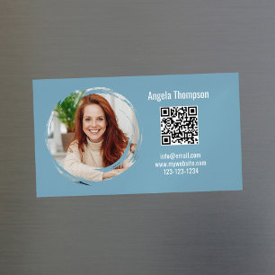 Photo QR Code Blue Modern Magnetic Magnetic Business Card