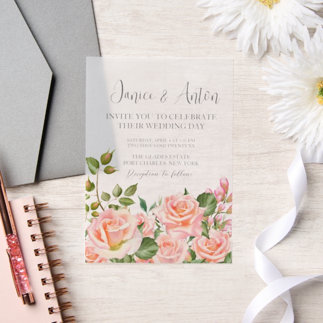 Photo QR Code Blush Pink Botanical Wedding Vellum Invitations (Wedding)