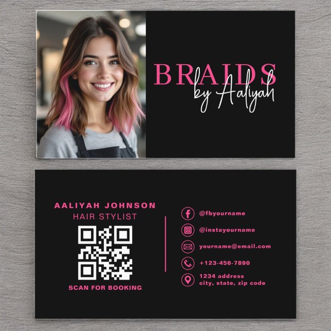 Photo QR Code Braids Hair Stylist Typography  Business Card (Creator Uploaded)