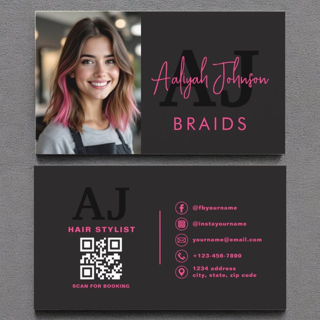 Photo QR Code Braids Hair Stylist Typography  Business Card (Creator Uploaded)