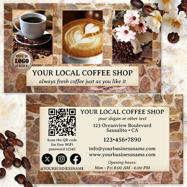Photo QR Code Coffee Shop Business Card (Business card for coffee shop owners, featuring your own photos on an industrial stone wall design)