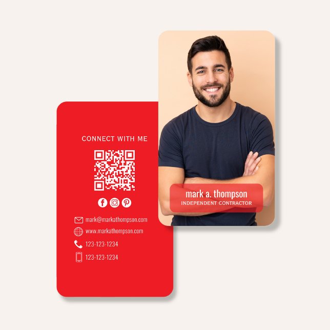 Photo QR Code Connect With Me Red Modern Business Card (Bold red QR code contact design with photo and clean modern professional layout)