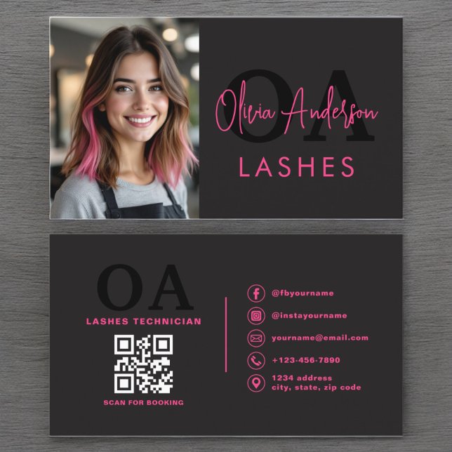 Photo QR Code Eye Lashes Technician Hot Pink Black Business Card (Creator Uploaded)