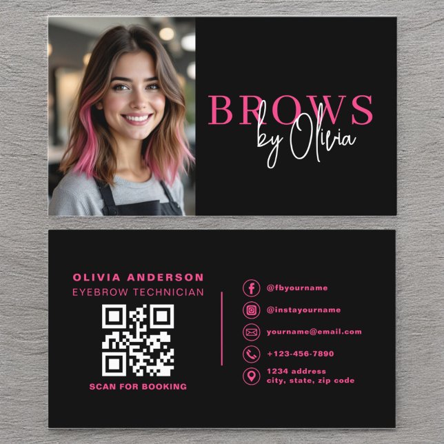 Photo QR Code Eyebrows Brows Artist Hot Pink Black Business Card (Creator Uploaded)