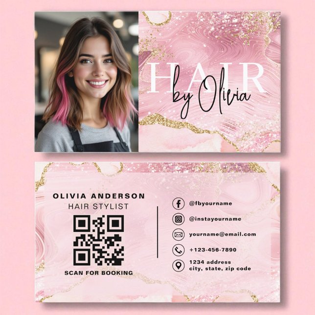 Photo QR Code Hair Stylist Pink Agate Marble Business Card (Creator Uploaded)