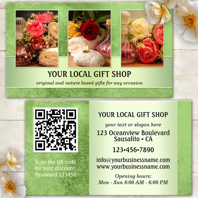Photo QR Code Local Retail Business Card (Elegant business card featuring your photos (optional) framed by a green design - with QR code )