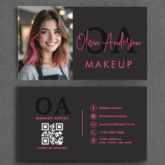 Photo QR Code Makeup Artist Hot Pink Black  Business Card (Creator Uploaded)