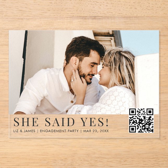 Photo QR Code Modern Engagement Party Acrylic Invitations (Front)