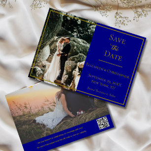 Photo QR Code Navy Blue Gold Elegant Wedding  Save The Date
