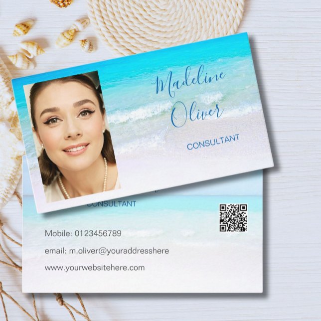 Photo QR Code Ocean Beach Sea Travel Blue  Business Card (Creator Uploaded)