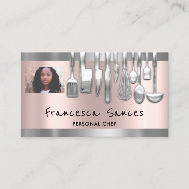 Photo QR Code Personal Chef Cooking Lounge Silver Business Card (Front)