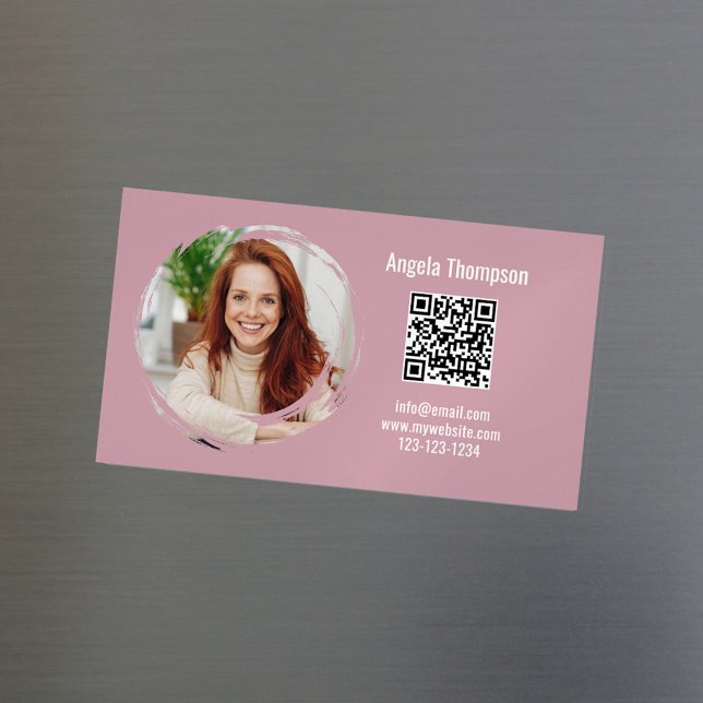 Photo QR Code Pink Modern Magnetic  Magnetic Business Card (Pink business card magnet with scannable QR code.)