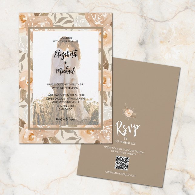 Photo QR Code Rustic Floral Wedding Invitation (Creator Uploaded)