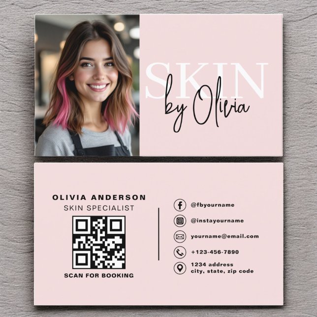 Photo QR Code Skin Care Specialist Pink Business Card (Creator Uploaded)