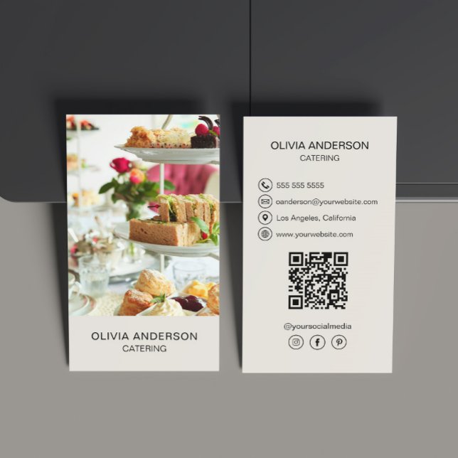 Photo QR Code Social Media Catering Business Card (Create your own custom photo, QR code, social media Business Card by MINTIC DESIGN STUDIO)