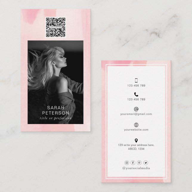 Photo QR code trendy abstract watercolor personal Business Card (Front/Back)