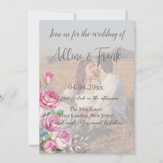 Photo QR Code Watercolor Pink Rose Wedding Invitation