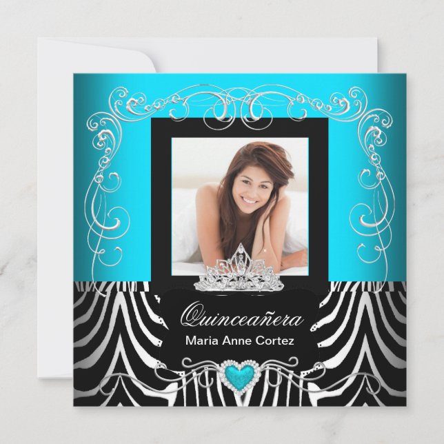 Photo Quinceanera 15th Birthday Teal Blue Zebra Invitation (Front)