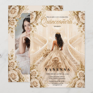 Photo Quinceanera Beige and Gold Invitation