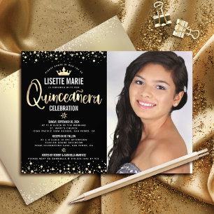 Photo Quinceañera Black Gold Glitter Girly Tiara Invitation