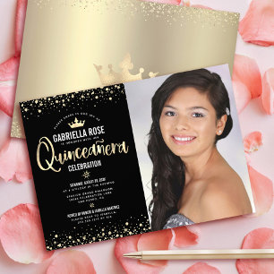 Photo Quinceañera Black Gold Glitter Tiara Girly Invitation