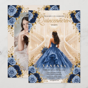Photo Quinceanera Blue and Gold Invitation