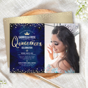 Photo Quinceañera Navy Gold Glitter Princess Crown Invitation