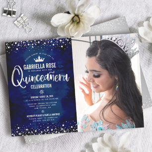 Photo Quinceañera Navy Silver Glitter Script Crown Invitation