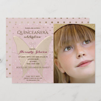Photo Quinceanera Pink and Gold Butterfly Invitation