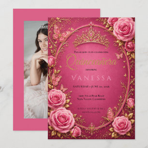 Photo Quinceanera Pink and Gold Invitation