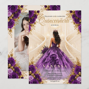 Photo Quinceanera Purple and Gold Invitation