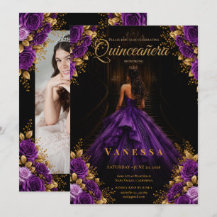 Photo Quinceanera Purple and Gold Invitation