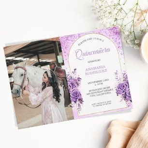 Photo Quinceañera Purple Roses Floral Butterflies Invitation