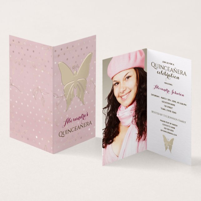 Photo Quinceanera Rose Gold Butterfly Invitation (Inside and Outside)