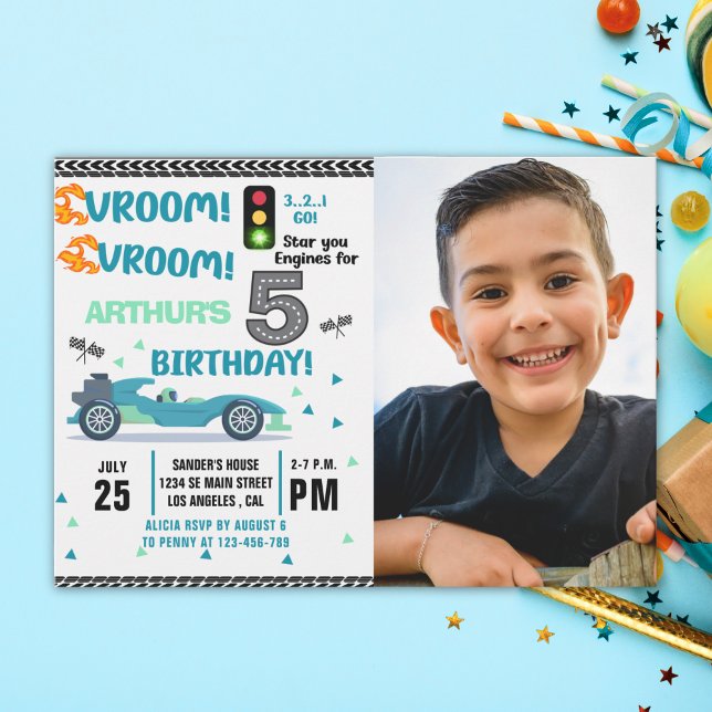 Photo Race Car • 5th Birthday Racing Party Invitation (Creator Uploaded)