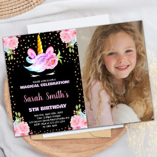 Photo Rainbow Black Unicorn Birthday Invitations
