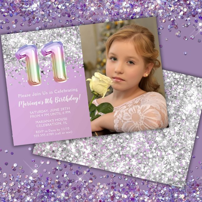 Photo Rainbow Sparkle 11th Birthday Invitation (Creator Uploaded)