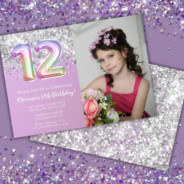 Photo Rainbow Sparkle 12th Birthday Invitation (Creator Uploaded)