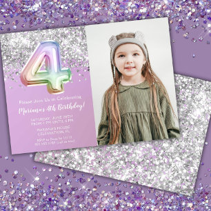 Photo Rainbow Sparkle 4th Birthday Invitation