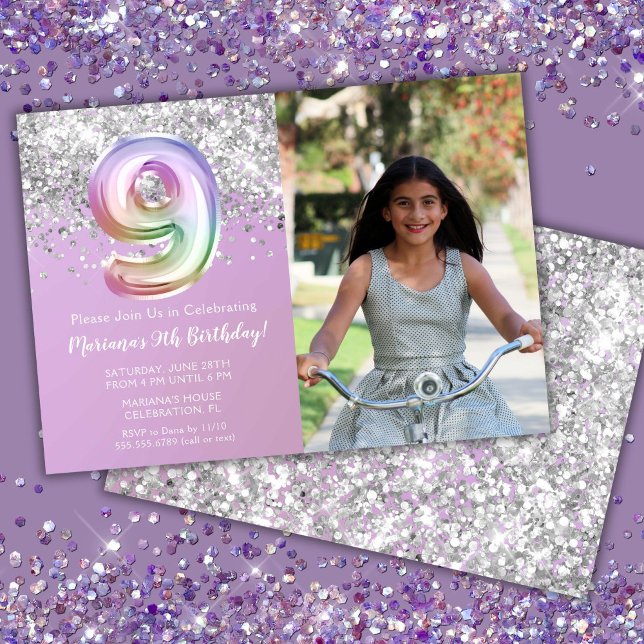 Photo Rainbow Sparkle 9th Birthday Invitation (Creator Uploaded)