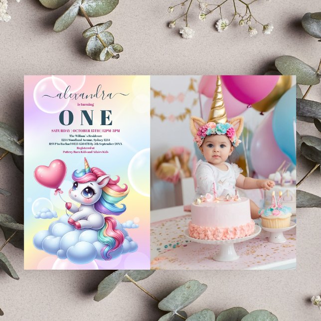 Photo Rainbow Unicorn Gold Glitter 1st Birthday  Invitation (Creator Uploaded)