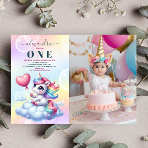 Photo Rainbow Unicorn Gold Glitter 1st Birthday Invitation