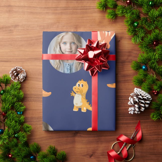 Photo-Ready Cute Dinos on Dark Blue Wrapping Paper (Holiday Gift)