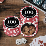Photo Red 100 Numbered Poker Chips<br><div class="desc">These custom poker chips feature a bold number on the front instead of initials, with room for any number up to four digits. The front has a clean black background with crisp white fonts for a sharp, classic look, and the chip edge is shown in red for a fun pop...</div>
