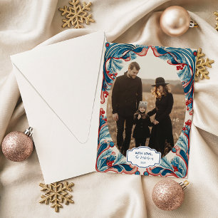 Photo Red Berry & Blue Pine Christmas Holiday Card