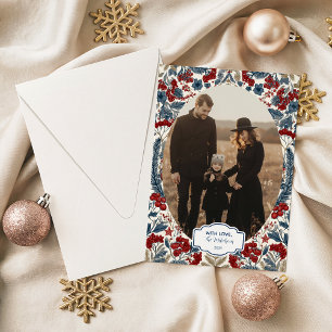 Photo Red Berry & Blue Pine Christmas Holiday Card
