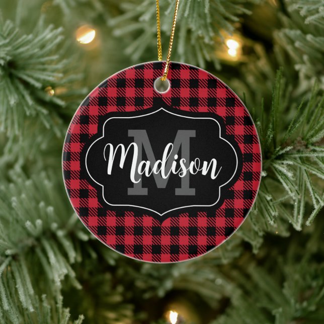 Photo Red Black Buffalo Plaid Monogram Ceramic Ornament (Tree)
