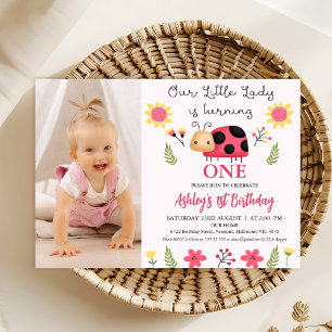 Photo Red Black Little Ladybug 1st Birthday Invitation